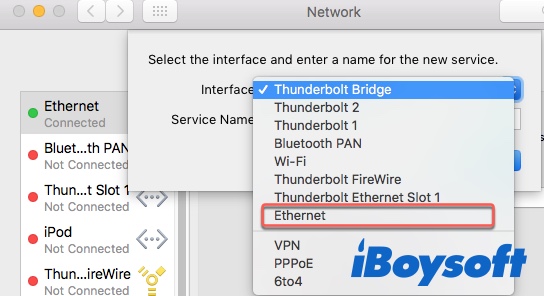 Delete and readd Ethernet on Mac to fix Ethernet connected but no internet