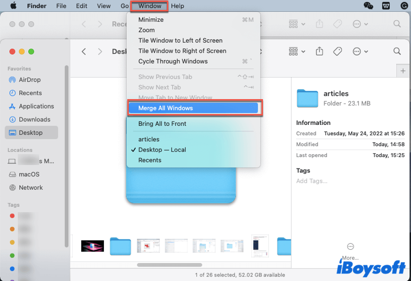 merge all Finder windows into a single window with several tabs