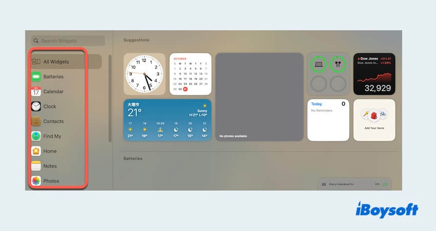 look through all widgets in the left pane