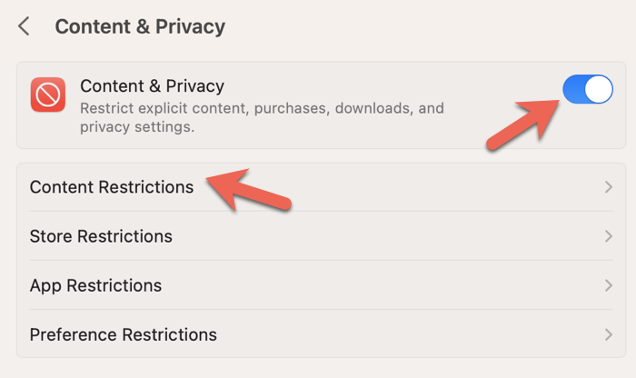 Habilitar restricciones de contenido y privacidad en Mac