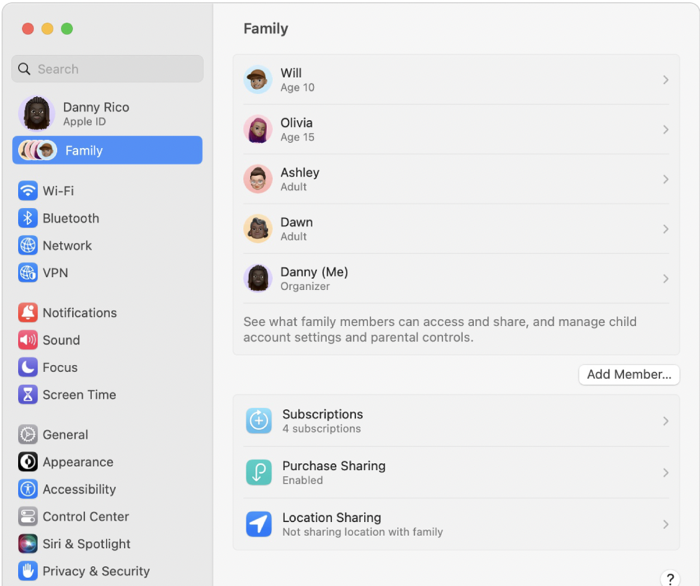 Select family member to restrict access