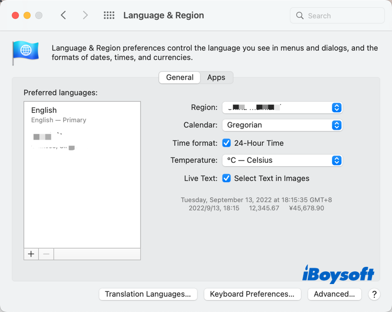 language region preferences