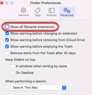 How to show hide file extensions on Mac