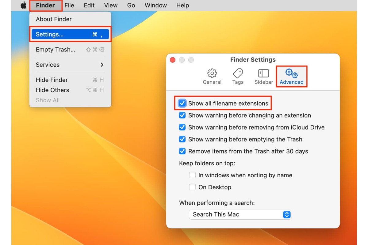 how to show or hide file name extensions on Mac