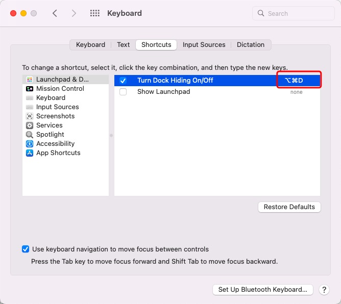 change the keyboard shortcut to hide or show Mac Dock