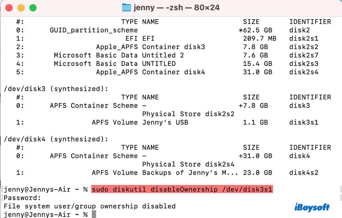 Enable Ignore ownership on this volume in Terminal