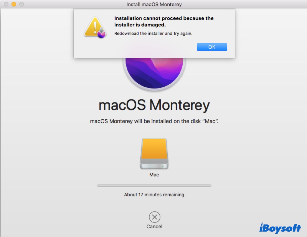Fehler 'Installation kann nicht fortgesetzt werden, da der Installer beschädigt ist' auf Mac