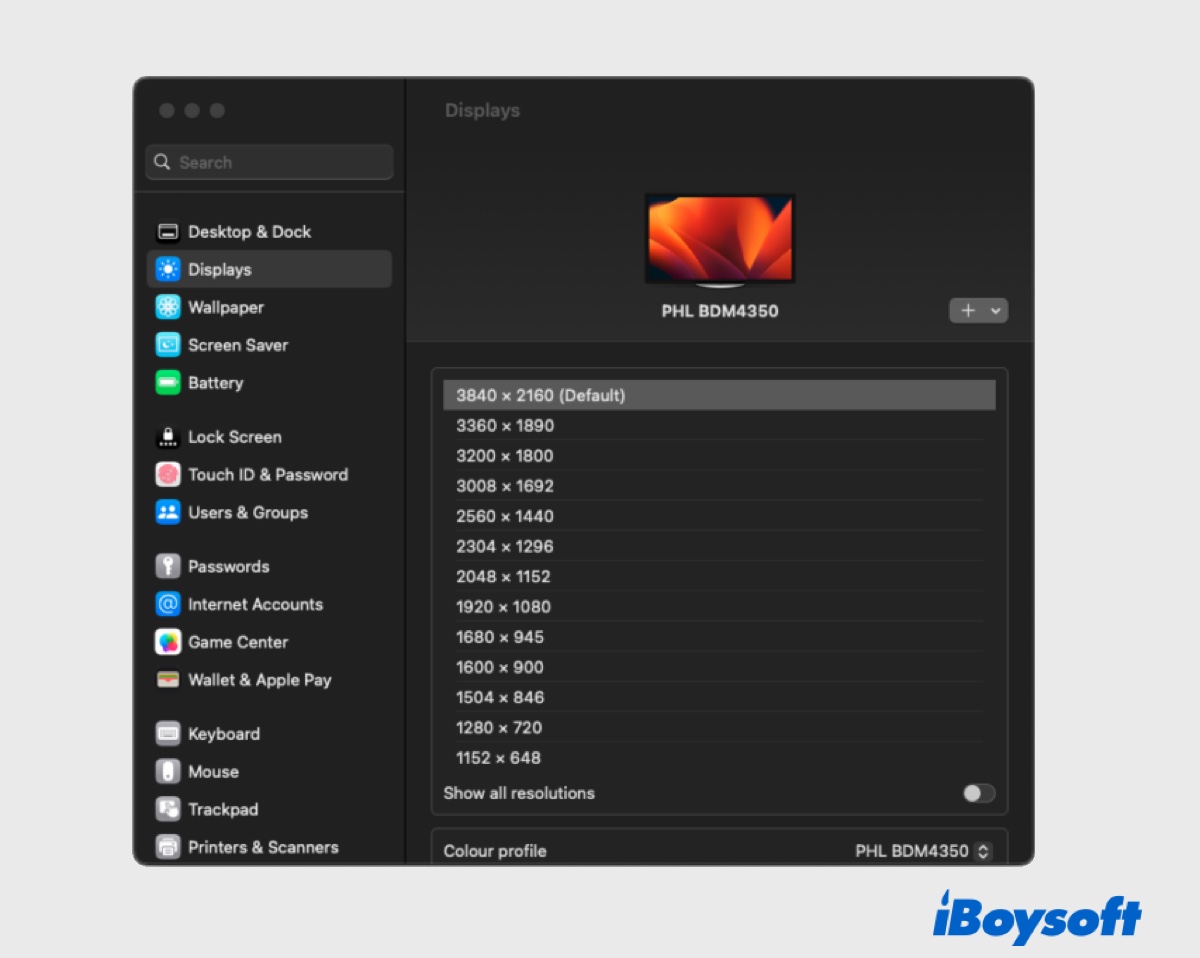 Ändern der Bildschirmauflösung des externen Monitors auf macOS Ventura