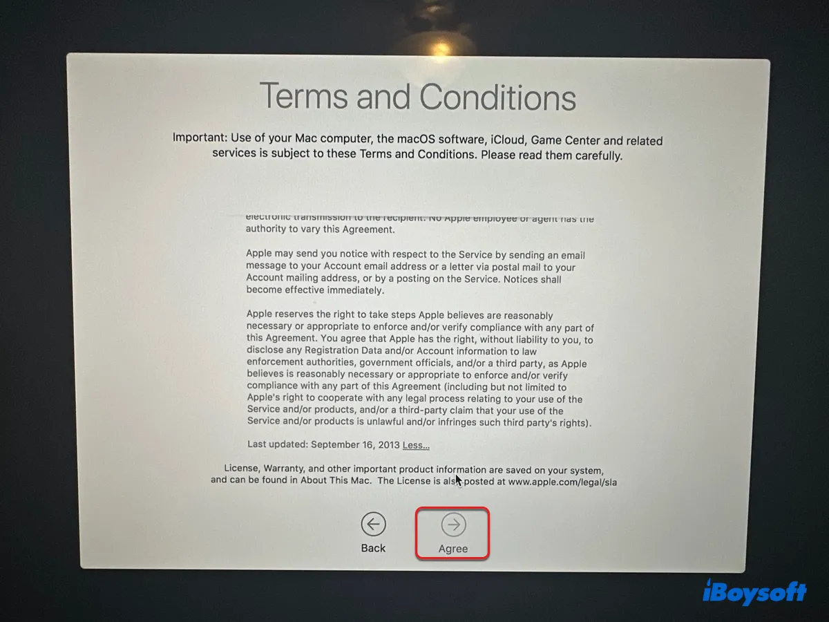 Mac hängt bei den Bedingungen und Konditionen fest, weil der Zustimmen-Button ausgegraut ist