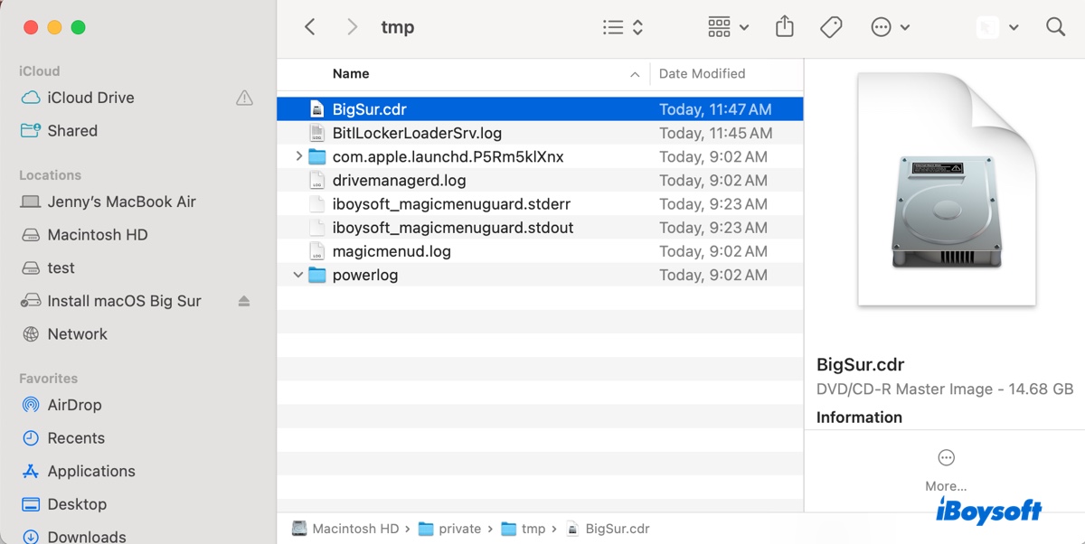 Die neu erstellte Big Sur Datenträger-Abbilddatei