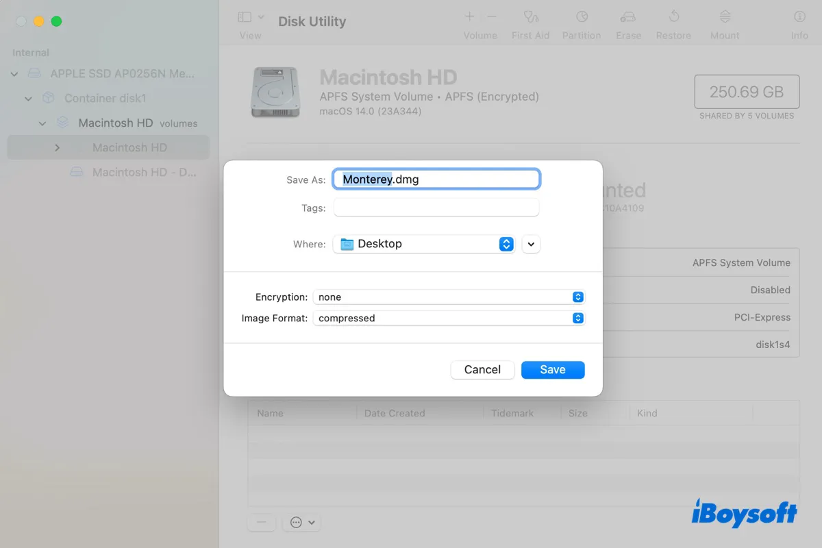 Create the macOS Monterey DMG file in Disk Utility