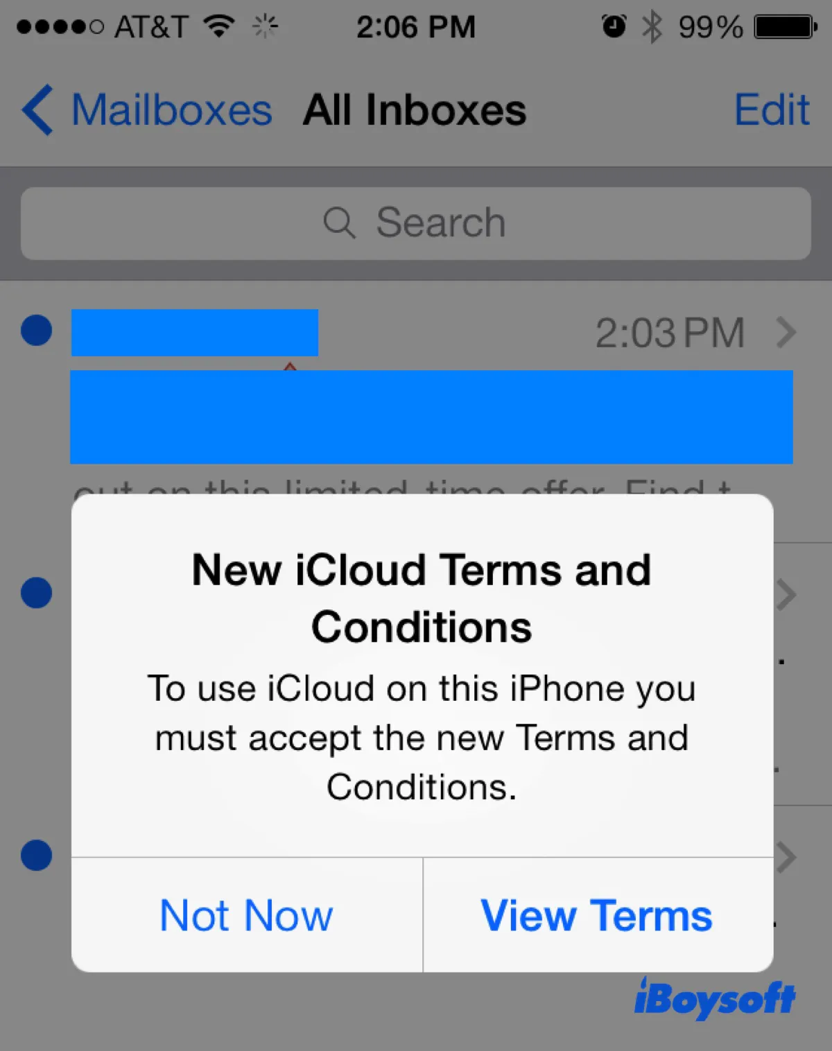 Nouveaux Termes et Conditions d'iCloud qui apparaissent sur iPhone