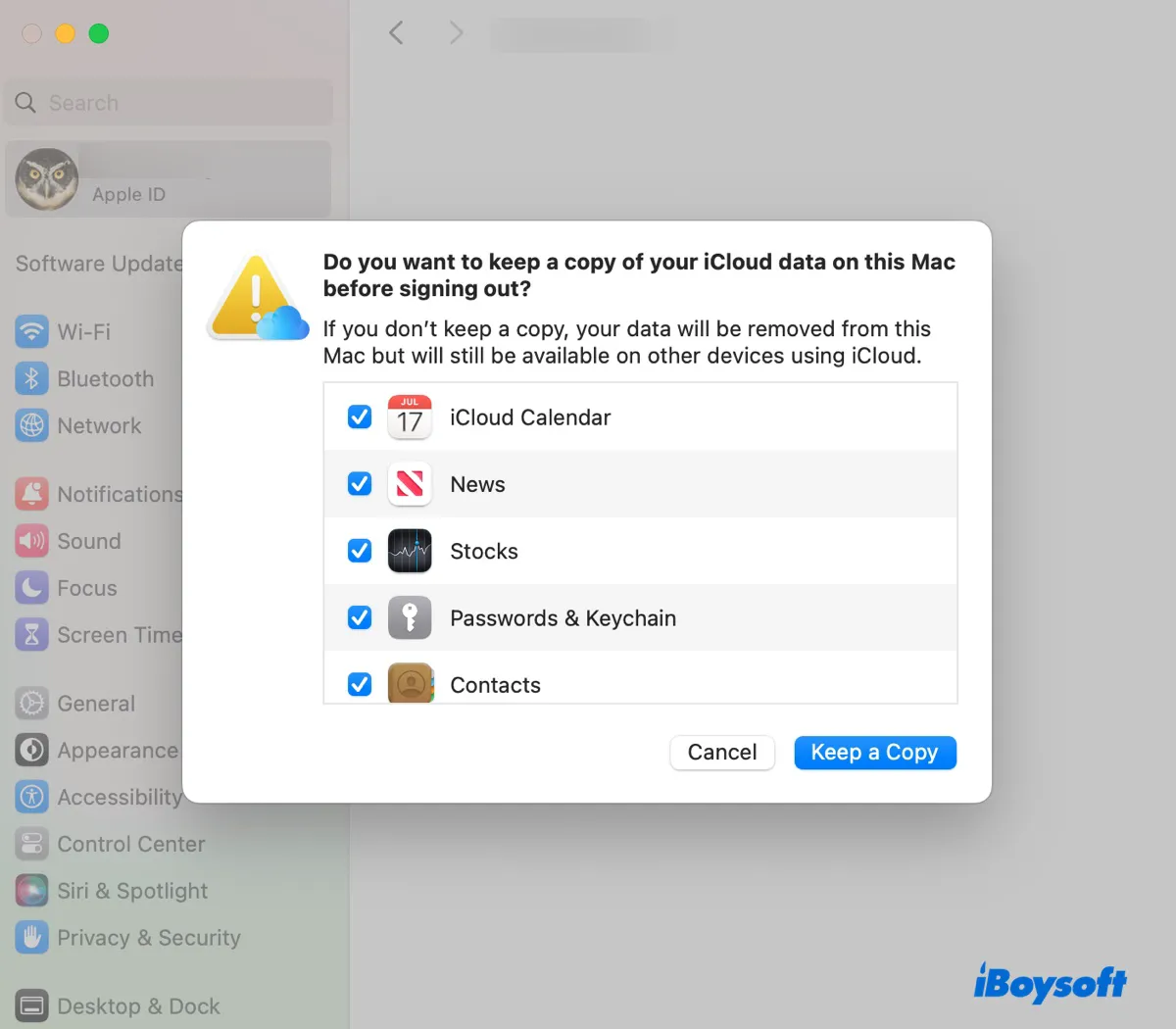 Sign out of iCloud on macOS Ventura or later