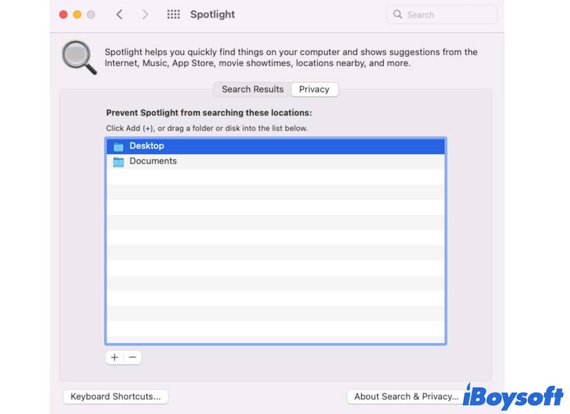 remove folders from Privacy in Spotlight