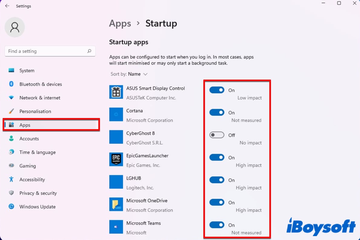 Disable automatic startup apps in Settings