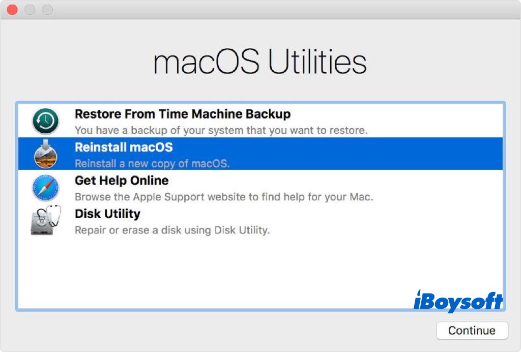 Pantalla de utilidades de modos de recuperación de macOS