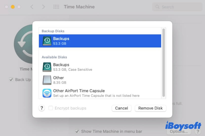 Deaktivieren Sie den Datenträger für Time-Machine-Backups