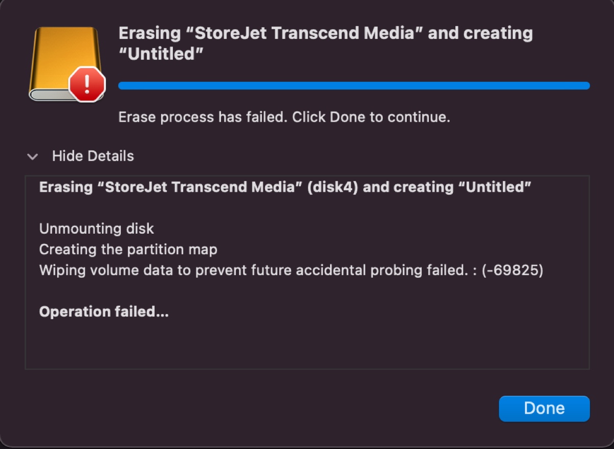 El error que indica error al eliminar datos del volumen para evitar futuras exploraciones accidentales fallido