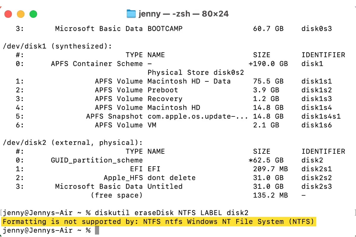 Mac TerminalでNTFS形式がサポートされていないエラー