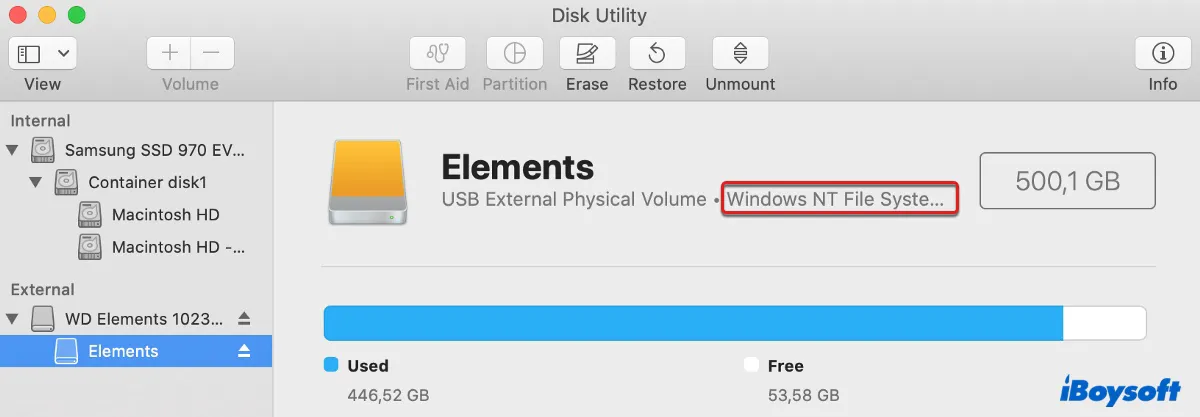 Vérifiez le système de fichiers du disque dur externe sur Mac