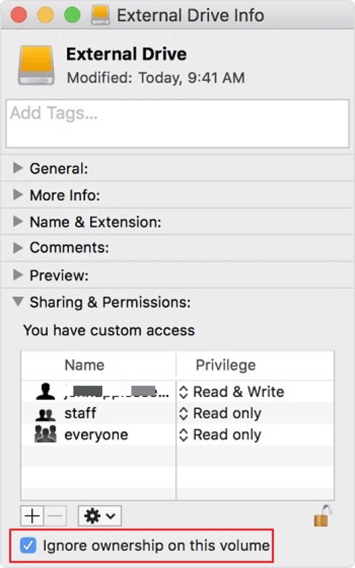 Activer Ignorer la propriété sur ce volume
