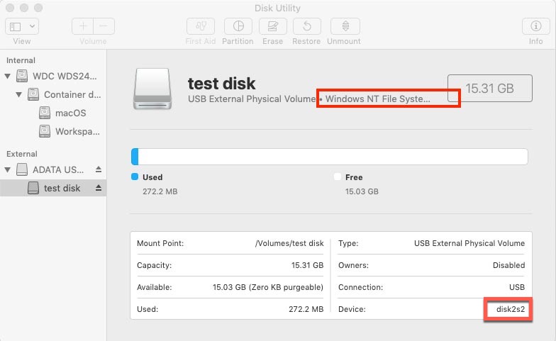 Informações do dispositivo NTFS do Utilitário de Disco