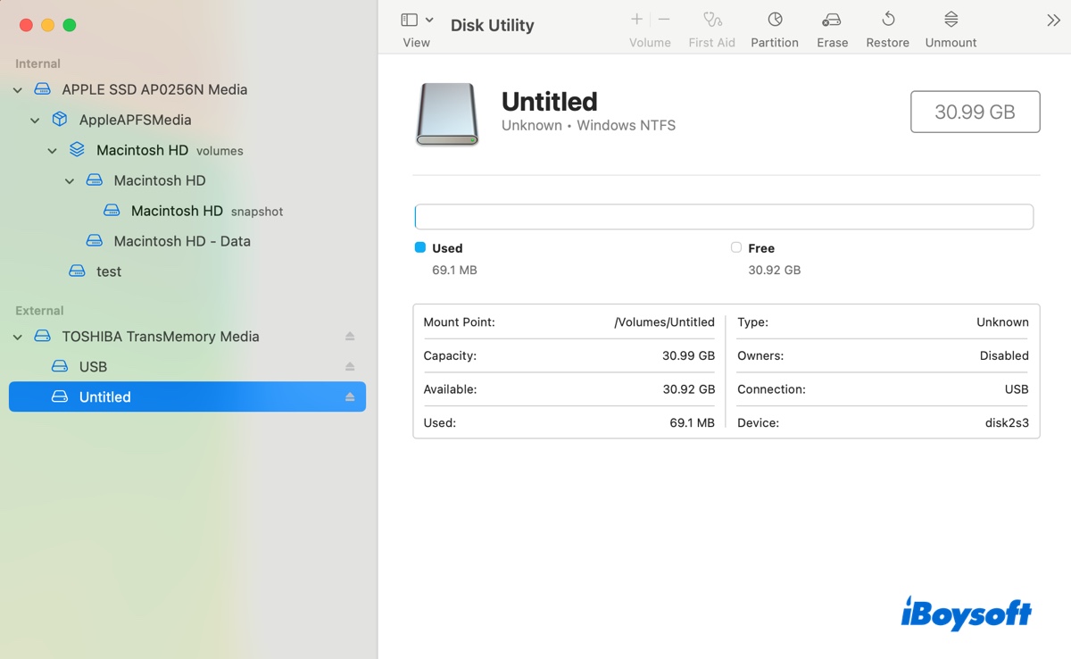 Verifique o sistema de arquivos do disco rígido externo Toshiba no Mac