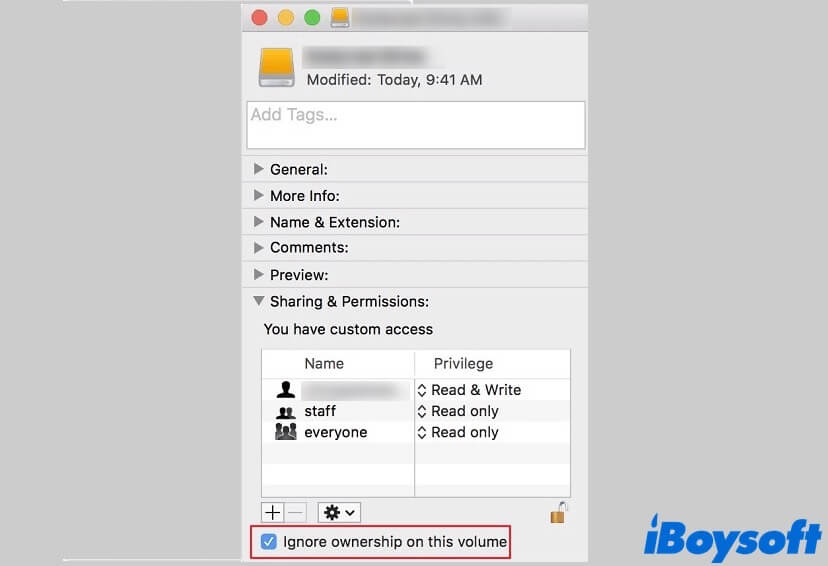 Beheben des Problems, dass das USB-Laufwerk auf dem Mac nur lesbar ist, durch Ändern der Berechtigungsgrenzen
