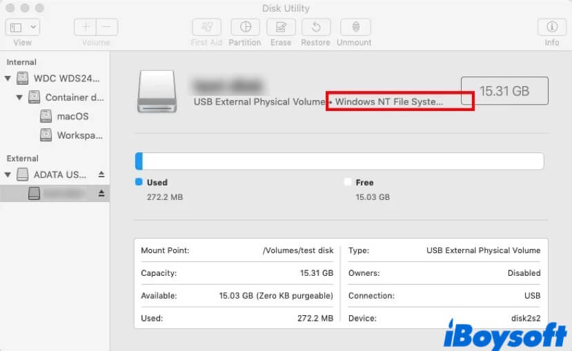 Das schreibgeschützte USB-Laufwerk ist mit einem NTFS-Dateisystem formatiert