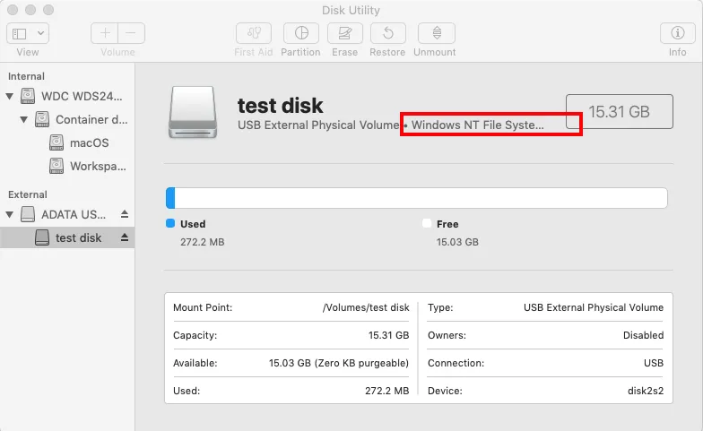 NTFS en Utilidad de Discos Mac