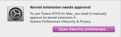 Tuxera NTFS for Mac kernel extension needs approval