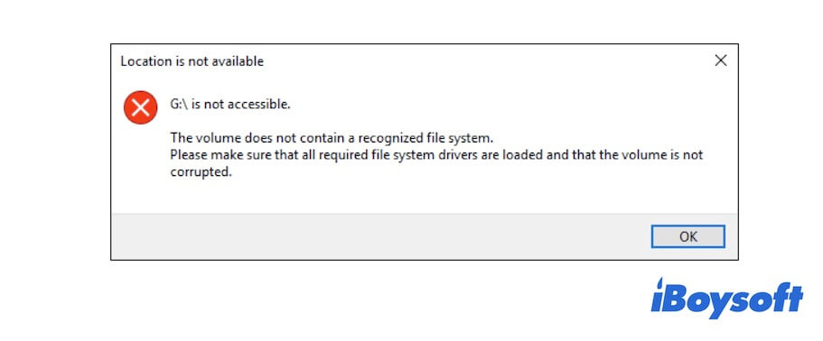 The volume does not contain a recognized file system