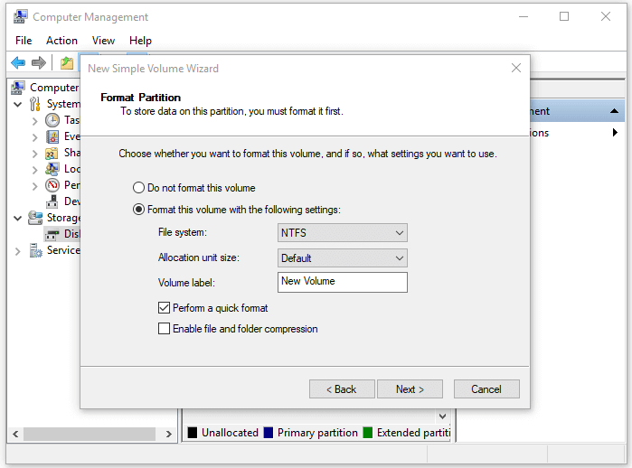 create a new partition and select a new file system on Windows