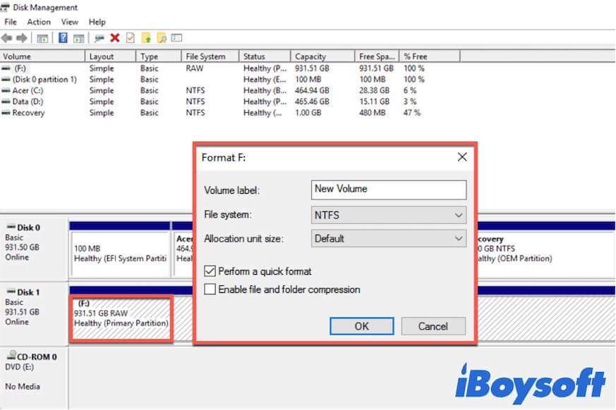fix RAW to NTFS in Disk Management
