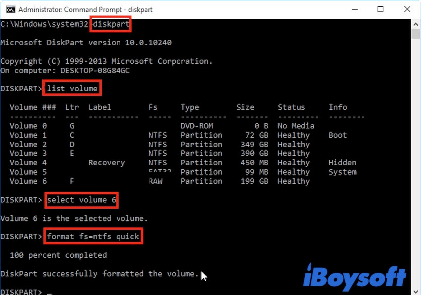 format RAW to NTFS in CMD using diskpart command line