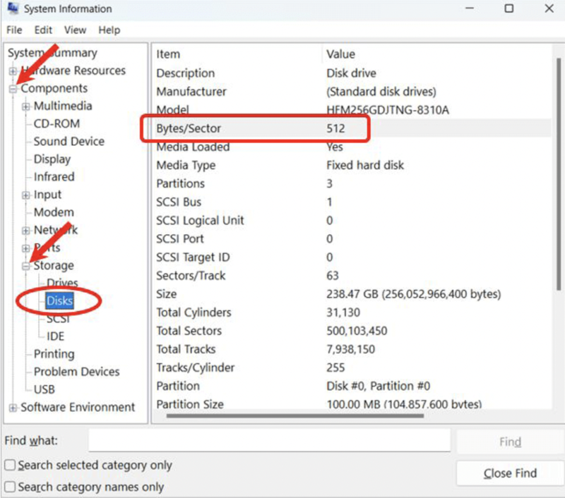 How to find the sector size in Windows System Information