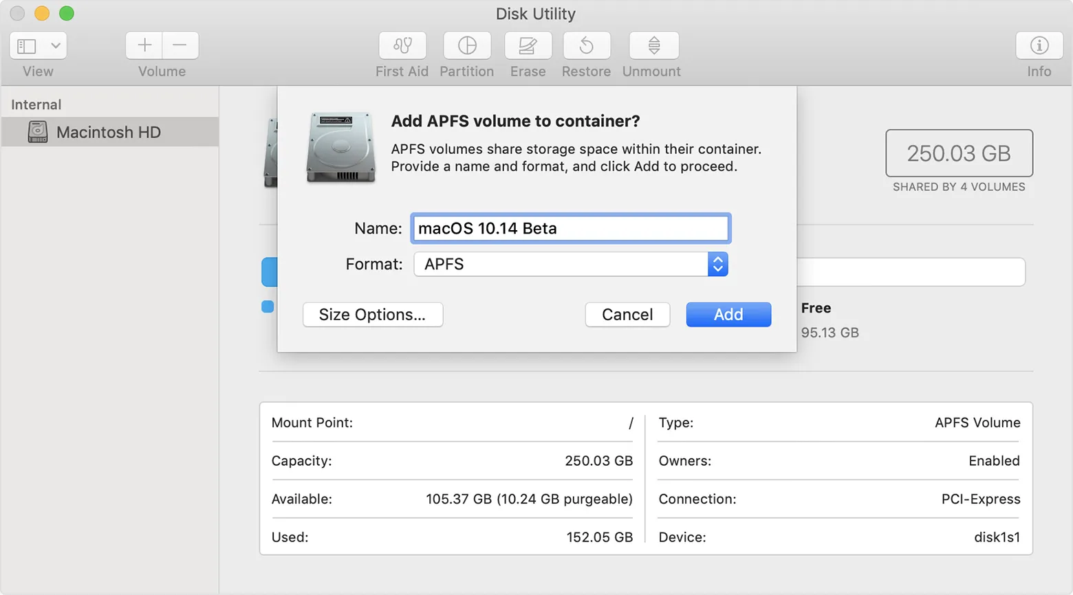 Add volumes in Disk Utility