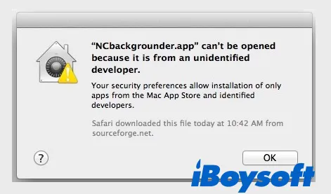The Gatekeeper error message saying tha an app cannot be opened because it is from an unidentified developer on Mac