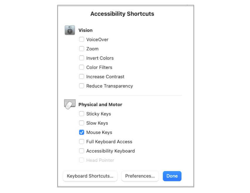 Accesos directos de teclado para desactivar la accesibilidad en Mac