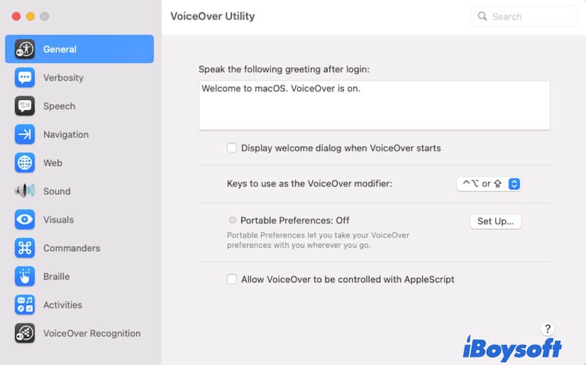 Utilitário VoiceOver de acessibilidade para Mac