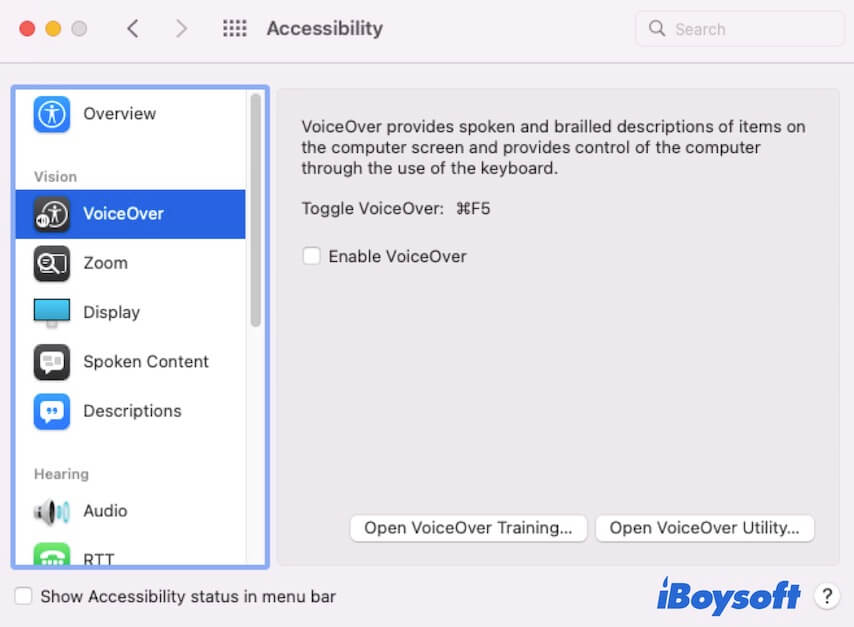 Fonctionnalités d'accessibilité Mac VoiceOver