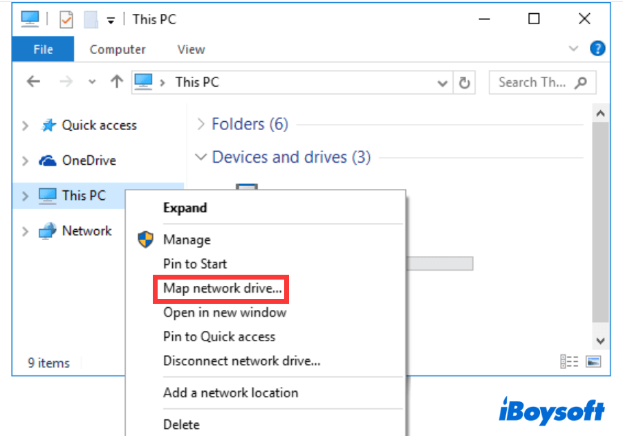 right click This PC in File Explorer to map network drive