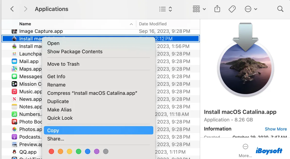Copiez l'installateur de macOS Catalina vers le fichier DMG