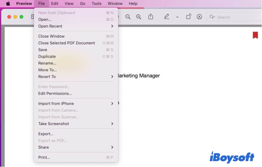 Menu suspenso do arquivo do Mac Preview PDF