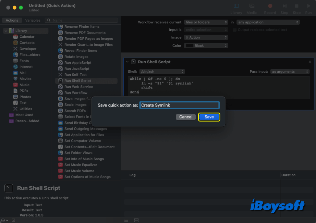 créer un lien symbolique avec Automator sur Mac