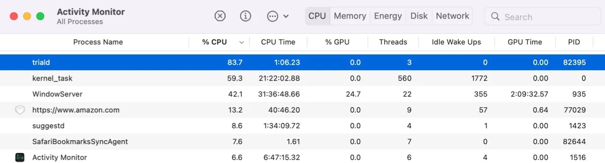 Triald high CPU in Activity Monitor