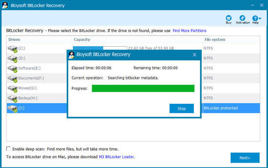 iBoysoft Data Recovery analyse les données du lecteur OS chiffré par BitLocker