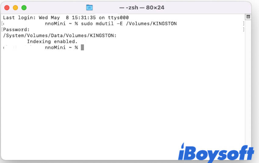 ターミナルでSpotlightに外部ドライブを再インデックスさせる