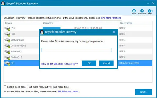 Ingresa la contraseña o clave de recuperación en iBoysoft BitLocker Recovery