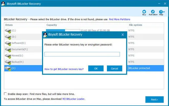 iBoysoft BitLocker Recovery - Ingresa la contraseña o la clave de recuperación de BitLocker de 48 dígitos
